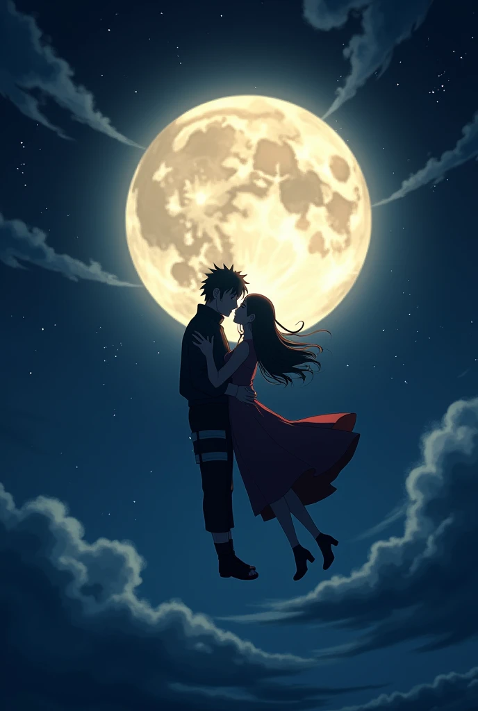 Natuto and hinata flying sky in night whight moon so close Naruto kissing hinata so brait