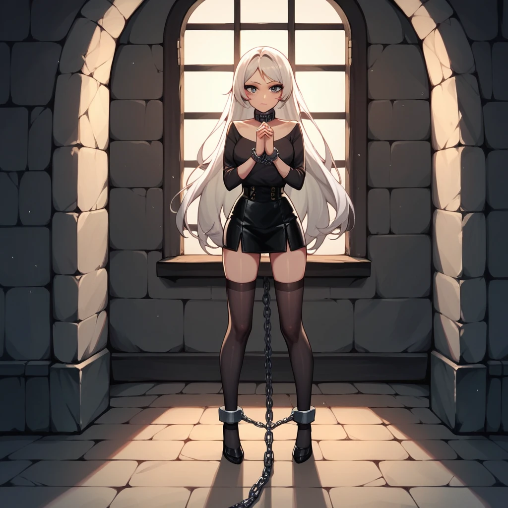 check_9, check_8_up, check_7_up, check_6_up, check_5_up, check_4_up, source_anime, 1 woman, Get on your knees, White hair, straight hair, Very long hair, playful look, WW chain, shackles, Came down with a weapon, doors, clean hair, black top, long sleeves, Short skirt, Short, black nylon thigh high stockings, dungeon, night, Best quality, better resolution, 4k uhd, Is on my knees, leather dog collar with strap, lean girl, thin legs, long eyelashes, mascara, pomade, leather wrist cuffs with chain, Shackled Hands, hands together, leather handcuffs on belts shackled the ankles of the legs,
