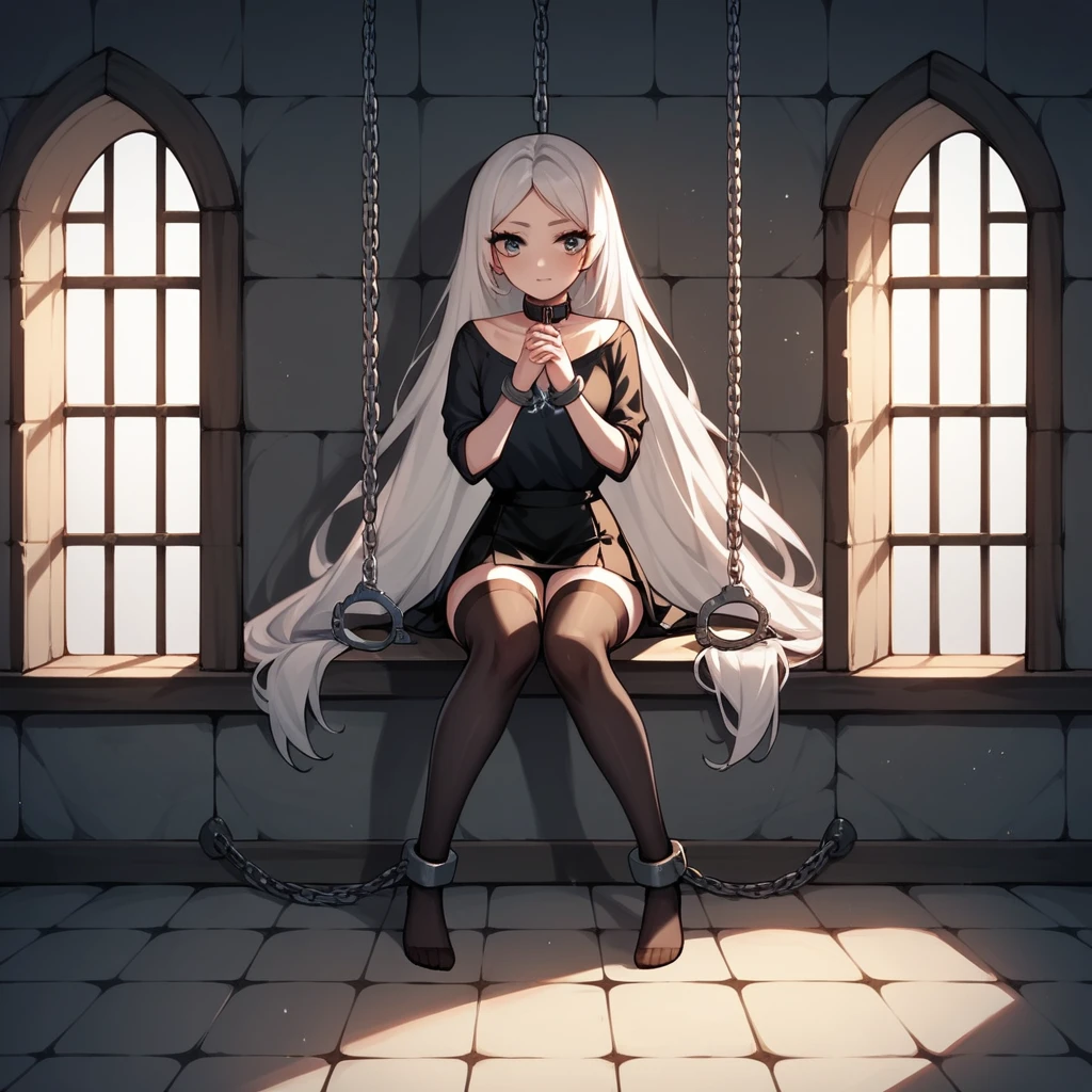 check_9, check_8_up, check_7_up, check_6_up, check_5_up, check_4_up, source_anime, 1 woman, get down on your knees, White hair, straight hair, Very long hair, submissive look, WW chain, shackles, Came down with a weapon, doors, clean hair, black top, Long sleeves, Short skirt, Short, thigh high black nylon stockings, dungeon, night, Best quality, better resolution, 4k uhd, Is on my knees, leather collar on a strap, lean girl, Thin legs, long eyelashes, mascara, pomade, babyface, leather handcuffs on wrist straps with chain, Shackled Hands, hands together, leather handcuffs on straps shackled the ankles of the legs
 