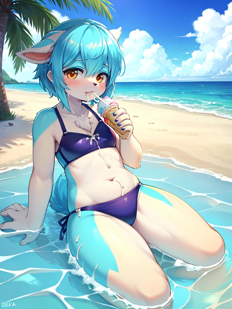 cum cum everybody , eating ice cream , in the sea side , swimwear