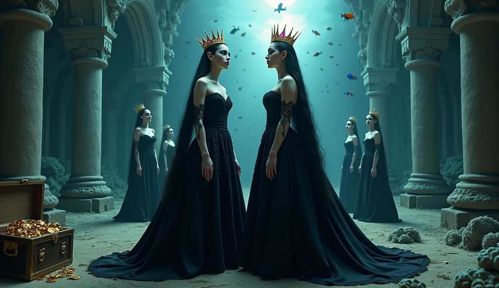 A full-body shot of a (extra wide angle 16:9, 1:1) portrait, ((2 Super realistic 1:1 gorgeous vampire queens)) twin queen sisters, wearing their golden crowns with pink crystals 1:1, and their 3 girlfriends gorgeous blondes and brunettes with perfect extra beautiful (((detailed realistic face))).with jewelry’s, In a dark deep sea (big medieval ballroom very old realistic 1:3) in an old gothic palace, under the sea. Gliding neutrally buoyant in the sea. Sinking down at the bottom. Ripped many layered silk and lace medieval dresses. Frayed apart lace dresses. Gold garnish. The queens have a big light-colored very finely detailed eyes, black super-long hair. Their exquisite girlfriend vampire queens with big bright blue finely detailed eyes 1:!. have an extra long blonde hair, gold crown. Pale pink, white, black with gold and diamond dresses. Dresses in many layered lace and chiffon riven apart and wet ( perfect hands, five fingers on each hand.) Small breasts cleavage, (hyper realistic perfect eyes 1:3). Face with Pale perfect detailed skin. Hyper detailed skin on body. Queens of the night surrounded by Perished under-water gothic palace 1:1 Bright colored blue, pink, orange, green fishes swimming around. Pink Corals. Sea moss. Octopus. Treasure chest with gold coins and jewelry in it. The scene a beautiful empresses floating ghostly, their super long hair 1:1. Flowing all around. Sad. Scared(Best Quality Detailed faces)1:1. A medieval fairytale vibe, with a big black intricate throne in a corner at the bottom with sea moss on it. Broken dining table. In a fantastic scene that uses 3D Surreal 3D model. Surrounded by crystal wine glasses—one tipped over and broken and silver ware. Pearls. Best eyes 1:1 The entire setup is masterpiece 1:3 framed with the grandeur of medieval gothic style. Clear Focus. 8k