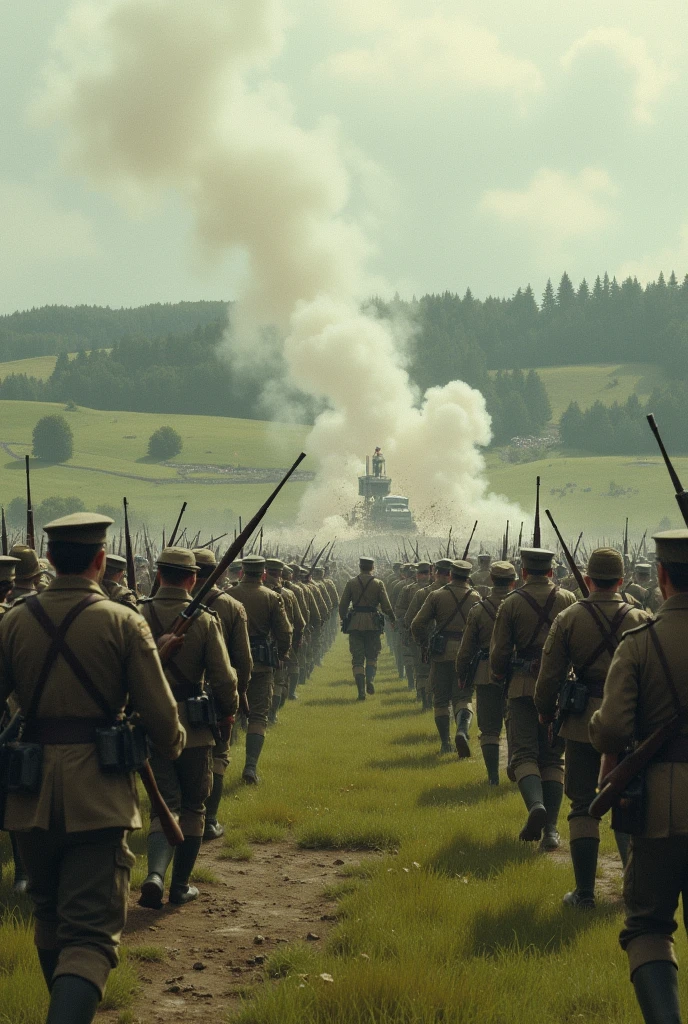 Create me an image of army currently on chaotic battle in England (semi-open field) in 1970 without dirty road