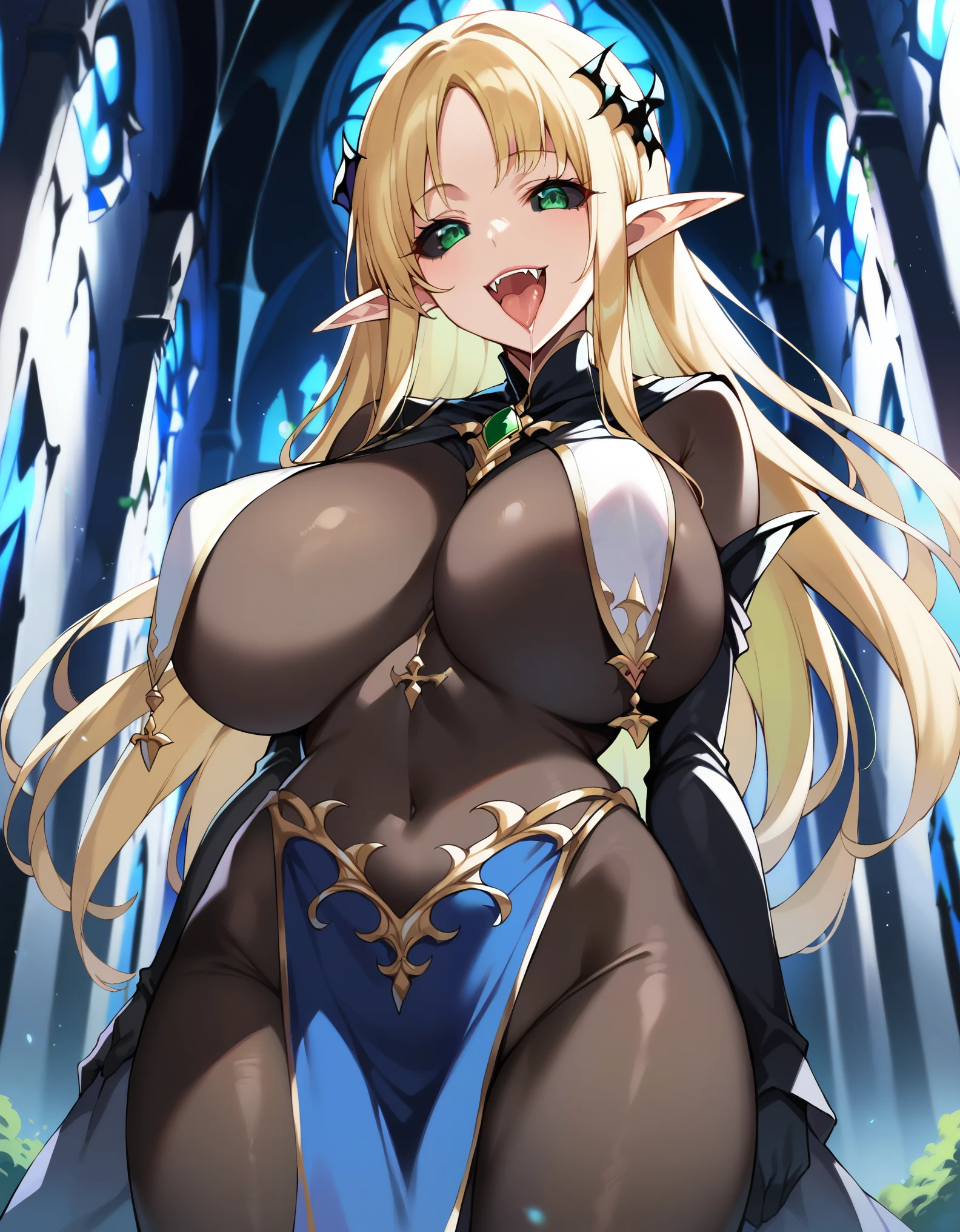 score_9, score_8_up, score_7_up, source_anime, masterpiece, best quality, extremely detailed, 1girl, solo, corrupted, dark persona, jelosugurnd, (huge breasts), ((((blonde hair), long hair, black sclera, green eyes, pointy ears))), purple lips, (((black bodystocking, breast curtains, pelvic curtain))), ((yandere, naughty smile), open mouth, fangs, tongue out, drool), ((outdoor, ruined castle))