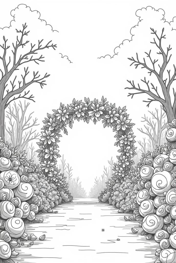 A line art for a children's coloring book with a Pixar-style wedding theme of wedding decorations full of details