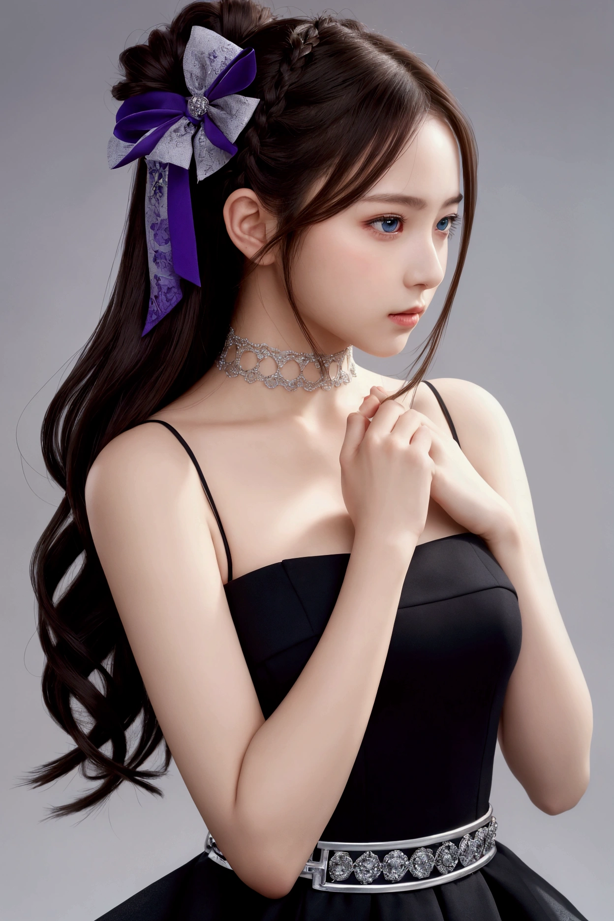 She has long, flowing イエローhair、The intricate braids and hairpins give it a dynamic look.。The hairstyle frames her delicate face.、Her blue eyes stand out, exuding a gentle yet confident expression.。She is wearing a black sleeveless outfit.、It has purple accents and a large bow around the waist.。The matte texture of this outfit、It contrasts beautifully with her shiny hair.。The characters are posed in a relaxed yet seductive manner.、Raise one arm behind your head、Gently support your elbow with your other hand。Her skin is smooth and white、The soft lighting highlights the contours of the arms and face.。The background is a subtle dark gradient.、It exudes a calm yet intense atmosphere with the focus entirely on the characters.。
