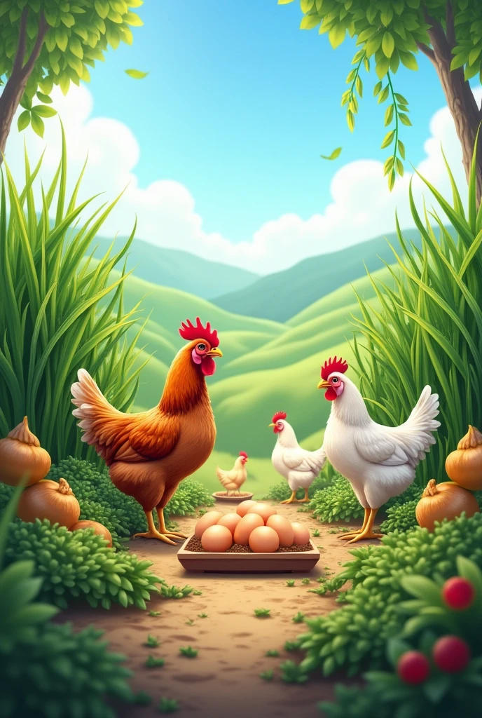 A farm with chicken laying egg and onion plant with black pepper plant and rice plant chicken egg 