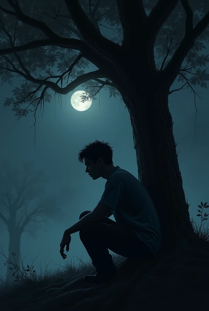 Give me a picture where a young man is sitting under a tree sad in dark night