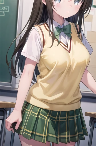 Yuikotegawa, yui kotegawa, Black Hair, (Brown eyes:1.5), Long Hair,
break green skirt, Plaid, Plaid skirt, sainan high school uniform, school uniform, skirt, Sweater vest, (Yellow Sweater:1.3), Short sleeve,
break indoors, classroom,
break looking at viewer, (Cowboy Shot:1.5),
break (masterpiece:1.2), Highest quality, High resolution, unity 8k wallpaper, (figure:0.8), (Beautiful attention to detail:1.6), Highly detailed face, Perfect lighting, Highly detailed CG, (Perfect hands, Perfect Anatomy),,Large Breasts