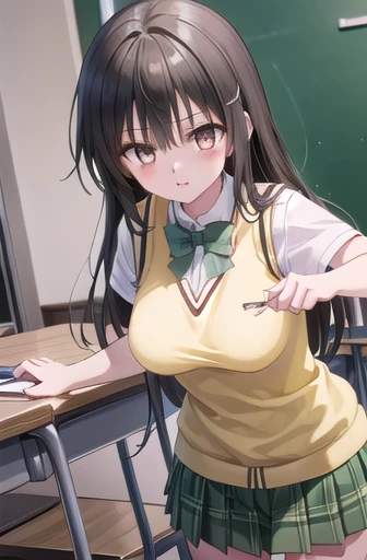 Yuikotegawa, yui kotegawa, Black Hair, (Brown eyes:1.5), Long Hair,
break green skirt, Plaid, Plaid skirt, sainan high school uniform, school uniform, skirt, Sweater vest, (Yellow Sweater:1.3), Short sleeve,
break indoors, classroom,
break looking at viewer, (Cowboy Shot:1.5),
break (masterpiece:1.2), Highest quality, High resolution, unity 8k wallpaper, (figure:0.8), (Beautiful attention to detail:1.6), Highly detailed face, Perfect lighting, Highly detailed CG, (Perfect hands, Perfect Anatomy),,Large 