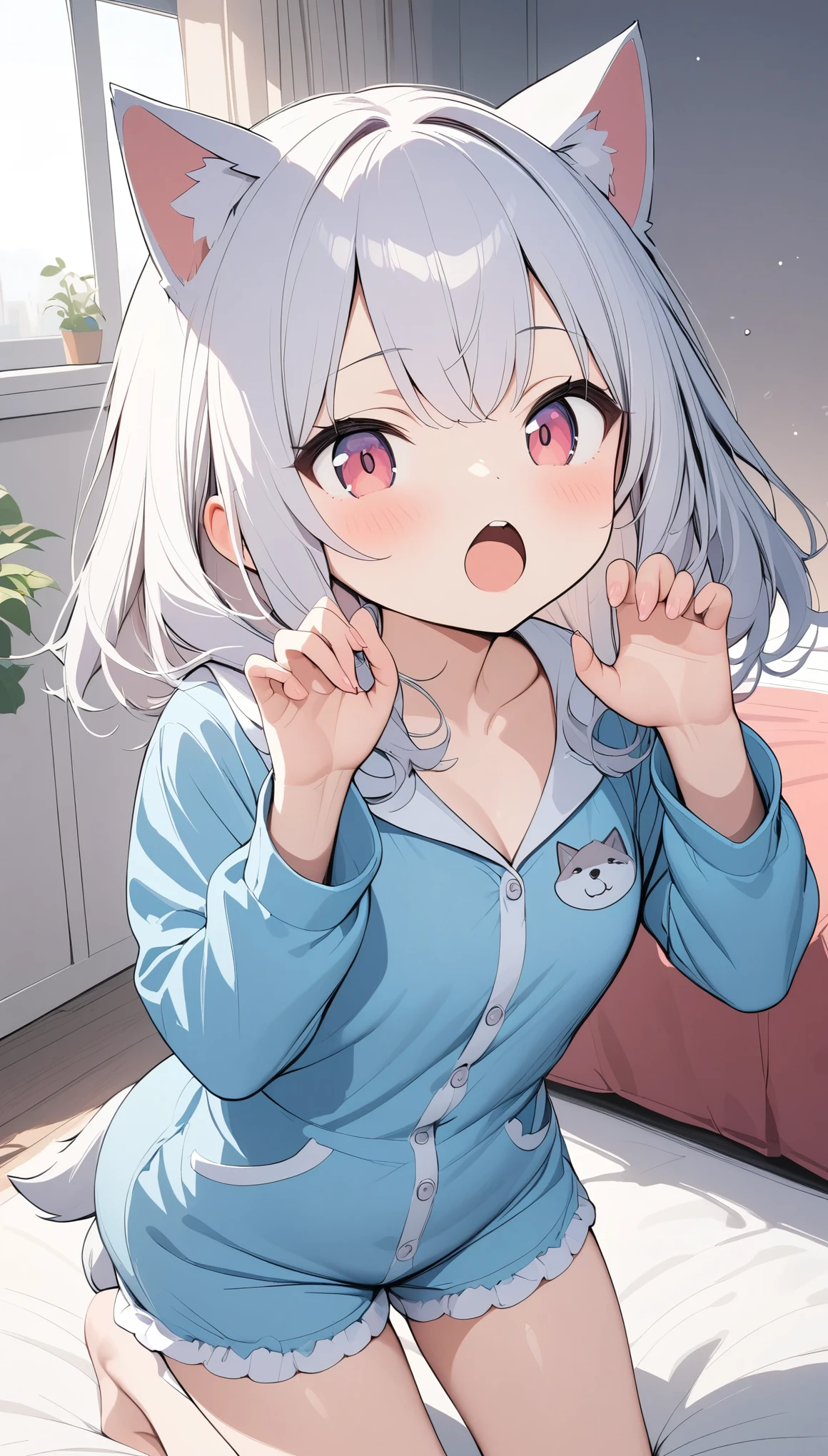 anime、Highest quality、Highest quality、Ultra-detailed、(masterpiece:1.2),Very absurd、4K,8k,Shortcuts、Curly hair、(Red Eyes:0.8)、XD,A girl wearing a wolf costume pajamas、cute、Beast Pose、Open your mouth wide,(bites),Bedroom