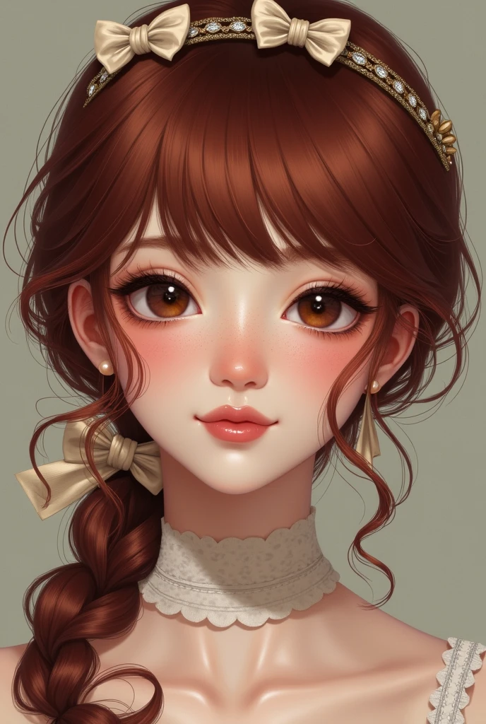 Sophie radiates an enchanting charm with her porcelain skin dotted with delicate freckles. Her dark red hair falls in soft, flowing waves, often highlighted by chic bows in neutral shades. Her elegant tiaras emphasize her , graceful frame, while her captivating dark brown eyes peek out from beneath her stylish bangs. Every movement she makes embodies a refined sense of femininity.