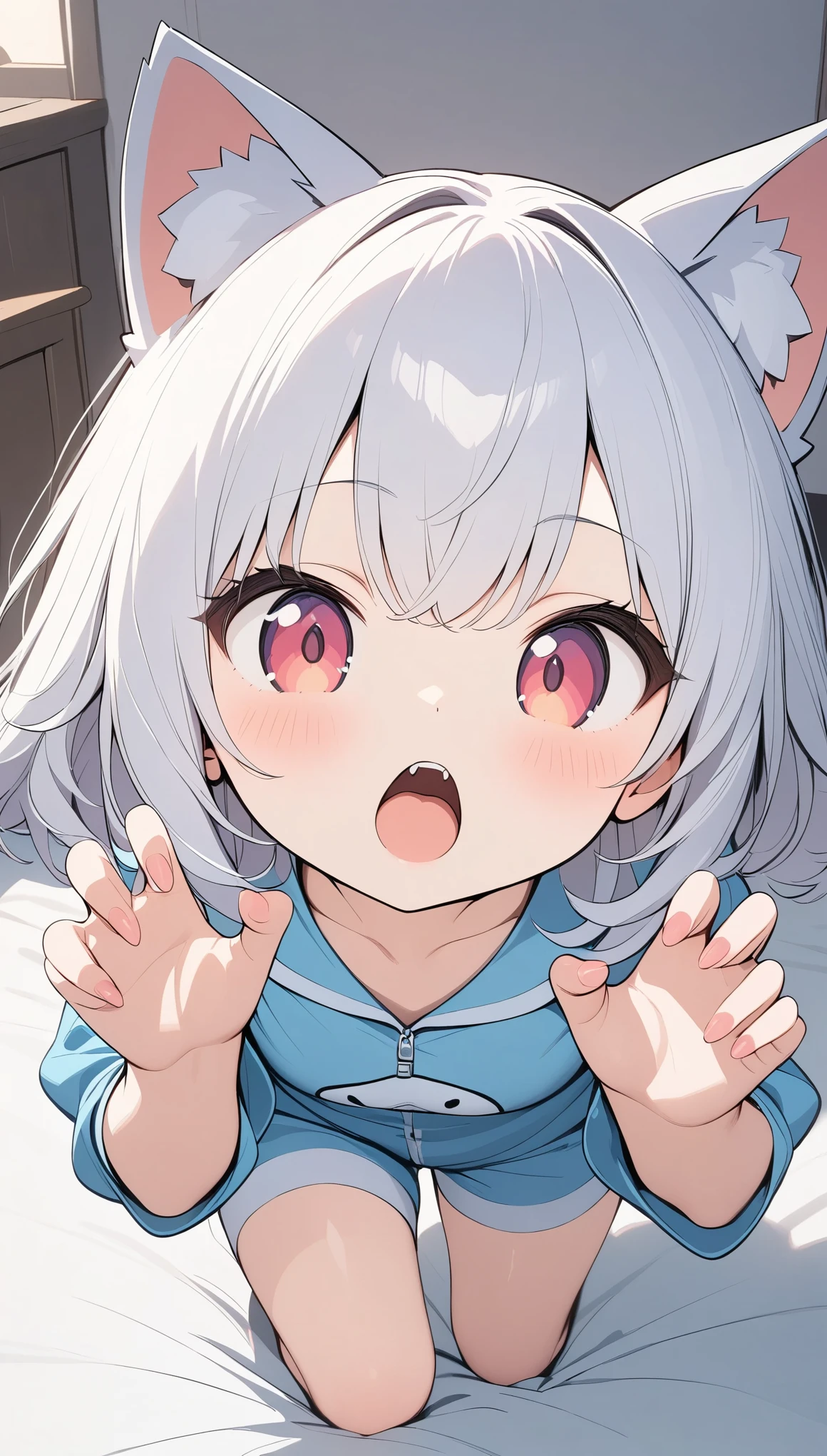 anime、Highest quality、Highest quality、Ultra-detailed、(masterpiece:1.2),Very absurd、4K,8k,Shortcuts、Curly hair、(Red Eyes:0.8)、XD,A girl wearing a wolf costume pajamas、cute、Beast Pose、Open your mouth wide,(bites),Bedroom