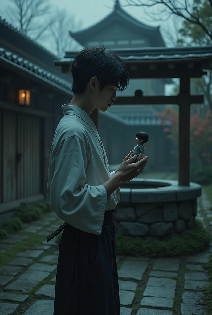 A young Japanese man in his early 20s, standing outside a traditional well in an old Japanese house’s backyard at dusk. His expression is cold and distant, as he holds a small, toy doll in his hand. The atmosphere is eerie, with the well looming ominously in the background