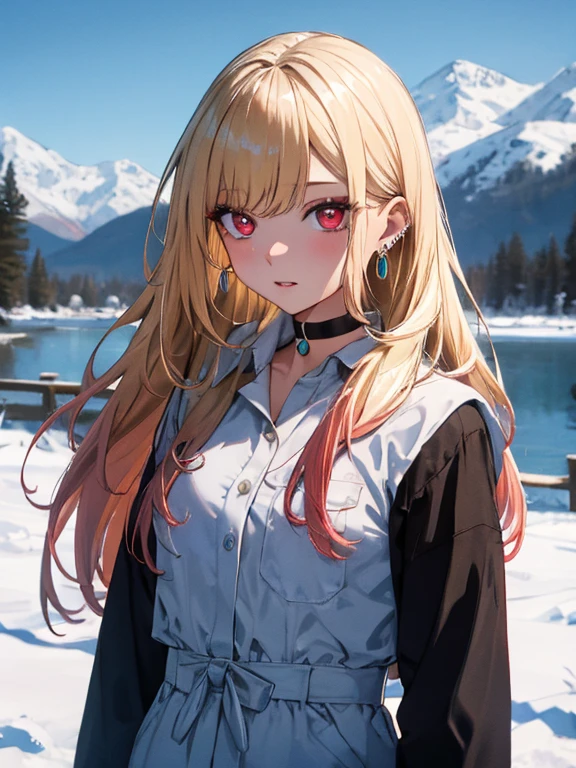 Snow Scenery, Kitagawa Marine, The background is snowy mountains, Snow Woman, One girl, Blonde Hair, Long Hair, Multicolored Hair, Red eyes, jewelry, Earrings, Earrings, Black choker, uhd, retina, masterpiece, ccurate, anatomically correct, textured skin, super detail, high details, high quality, best quality, highres, 4K