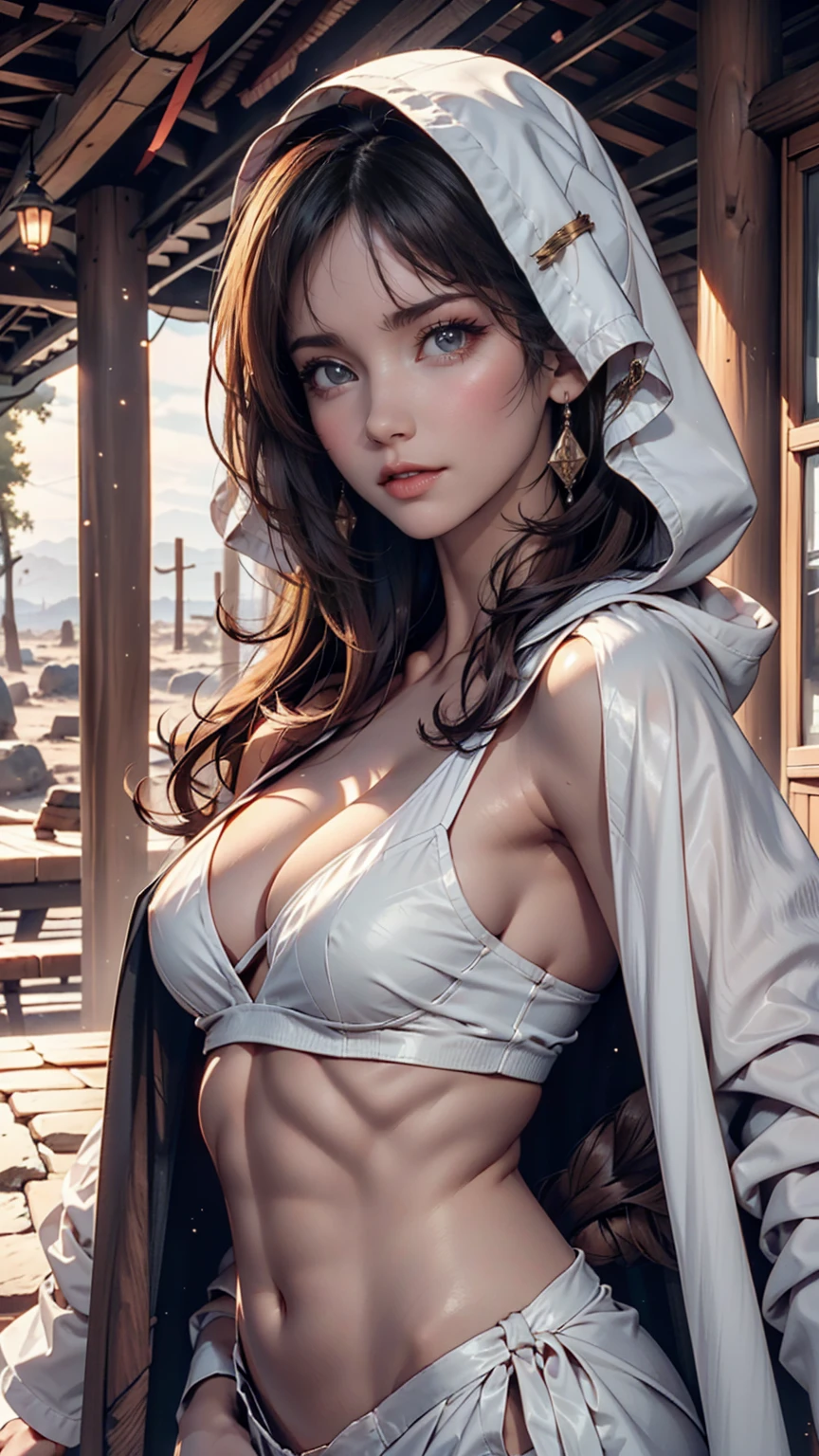 desert,Rocky Plateau and desert, Shrubland,night、2 woman、Attractive Young Woman, (Beautiful Face:1.1), Detailed eyes, Seductive lips, (eye make up:1.2), (Medium chest:1.0), (Toned body:1.2), Cloak with hood