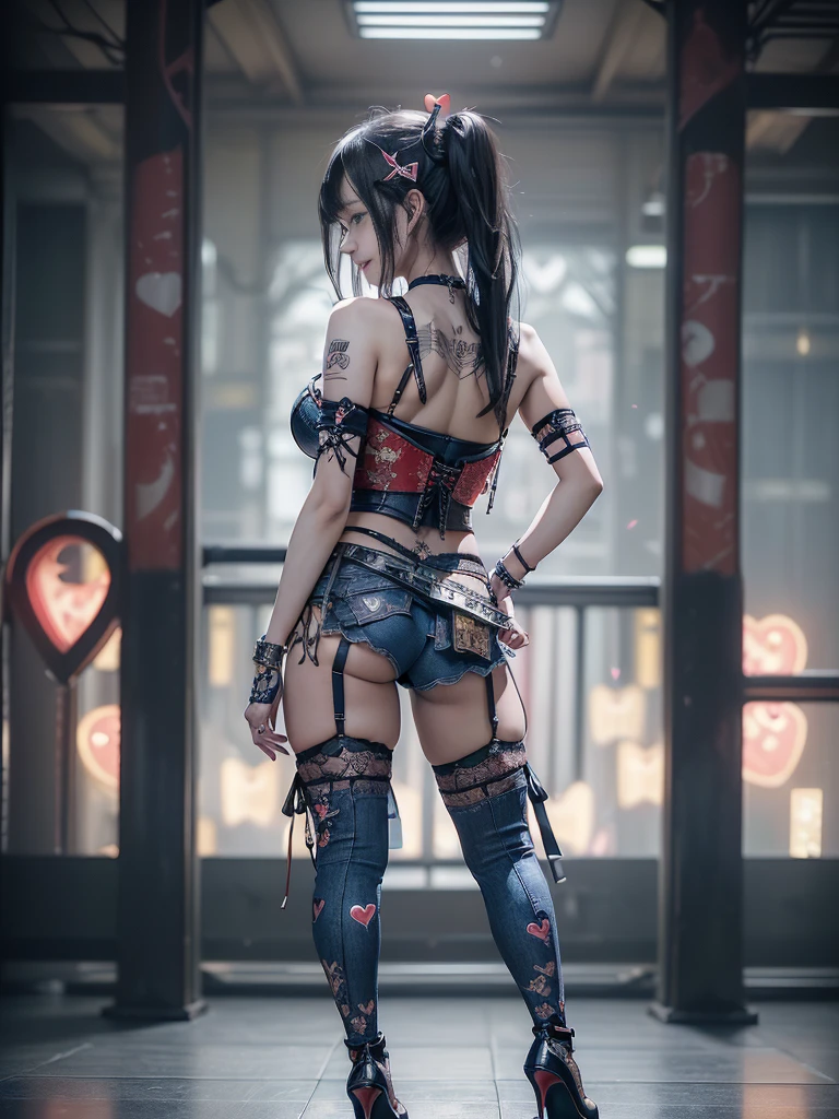 (Full Body View:1.2)、(Back view:1.4)、(Buttを強調するポーズ:1.4)(Race Queen:1.4)、(Smiling with teeth showing:1.3),(Shibuya Gal:1.5)、(Dark fantasy world:1.4)、(Neo-Goth Fashion:1.5)、(Punk rock visual kei:1.3)、(Futuristic Black, Navy and yellow bodysuit:1.5)、(繊細なdenimと黄色のカーディガン:1.5)、(Gorgeous decorated corset:1.4)、(Red Garter Belt:1.5)、(denim, Yellow and navy cargo pants:1.3)、(Heart-shaped silver accessories:1.5)、(Brown Skin Belt:1.4)、(Blue High Heels:1.4)、(Lace Underwear:1.4)、20-year-old、Browsing Caution,((Highest quality、In 8K、masterpiece:1.3))、Sharp focus:1.2、(Layered Cut、Huge breasts:1.1),Beautiful woman with perfect figure:1.4、(Dance vigorously:1.3)、Slim Abs:1.2、Butt、Highly detailed face and skin texture、fine grain、double eyelid,(Twin tails:1.3)、(Black brown hair:1.3)、Obscene、idol carving、(The background is a fantasy world cityscape:1.3)、(Slimming your legs:1.4)、(the body is slim:1.3)、(clavicle:1.1)