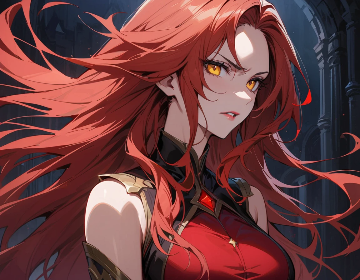 Erza Scarlet is one of the main characters in the series. The young woman with scarlet hair and brown eyes is described as an amazing woman, very strict and who does not admit when others make mistakes. She's a slender, Figura elegante com curvas bem desenhadas. Her most common attire consists of a corset with custom-made laces, a pair of black pants, botas pretas e brincos em forma de diamante, in high resolution, circunstanciado, qualidade hd.