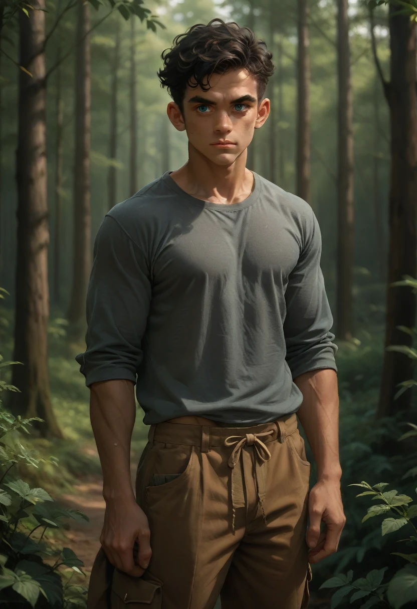 There is a young man with a handsome face and curly black hair and big blue eyes in a sunny forest, a thoughtful attentive expression on a handsome face, full-length, dressed in a simple gray shirt and old-style pants