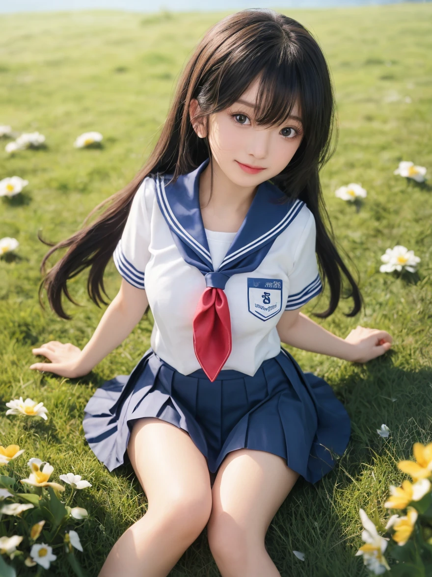 from above,(wariza:2),Sad smile,look up,arm up,Elementary school girl with long black hair