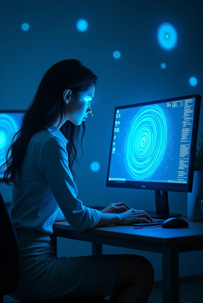 A sexy beautiful girls, white shirt, pencil skirt, work in office and look the screen of computers and her computer screen displayed a hypnotic glowing blue spiral and the woman's eyes appeared blue spirals as she looked at her computer screen and her became very hypnotized while looking at his computer screen and her was deeply hypnotized and his eyes turned into blue spirals then his face got closer to the screen then his face got closer to his screen with his eyes becoming blue spirals then he was very fascinated by the screen then her was so fascinated by the screen that her kissed the computer screen with his eyes turning into blue spirals until her droolled her was crazy about the blue spiral and climbed up on his chair