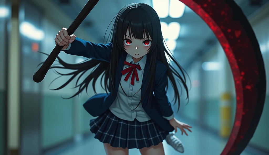 Wide Shot, 1. Female, Japanese Teen, Straight Long Hair, Big, sharp eyes shining brightly, Long eyelashes, A navy blue blazer with a red ribbon tie over a white dress shirt, Checked mini skirt, Tokyo Metropolitan High School Uniforms、white calf,Navy blue socks,Socks and white sneakers, A large scythe is the weapon of choice、He has a big scythe like the Grim Reaper, Horikita Maki, Gogo Yubari, Kill Bill, indoor, Bokeh effect, Depth of written boundary, Ultra-realistic, Professional photography, Cinema Lighting,Round eyes，Fair skin,I'm attacking,Murderous Intent,Murderous intent coming this way