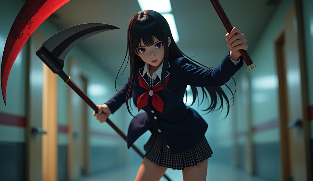Wide Shot, 1. Female, Japanese Teen, Straight Long Hair, Big, sharp eyes shining brightly, Long eyelashes, A navy blue blazer with a red ribbon tie over a white dress shirt, Checked mini skirt, Tokyo Metropolitan High School Uniforms、white calf,Navy blue socks,Socks and white sneakers, A large scythe is the weapon of choice、He has a big scythe like the Grim Reaper, Horikita Maki, Gogo Yubari, Kill Bill, indoor, Bokeh effect, Depth of written boundary, Ultra-realistic, Professional photography, Cinema Lighting,Round eyes,Fair skin,I'm attacking,Murderous Intent,Murderous intent coming this way