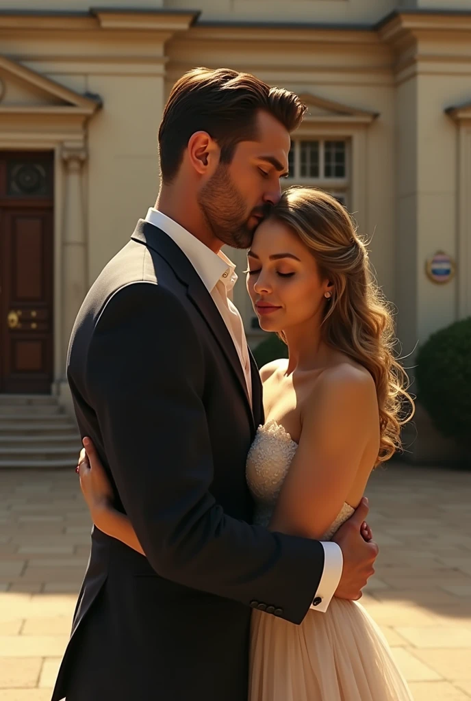 On a sunny afternoon in front of a building, a man hugs his wife but looking at another woman over the wife's shoulder and reaches out one arm to touch the other woman.