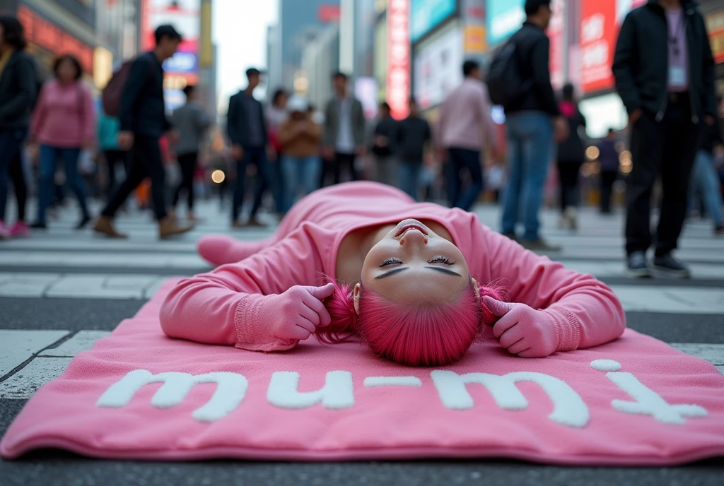 (Japanese middle-aged woman), (40 years old), (Deadpool Women]:1.8), ピンク色の髪でツインテールのDeadpool Women、In the middle of Tokyo&#39;s scramble crossing「mu-mi」She is lying on a pink bath mat with the words、Surrounded by passers-by。
