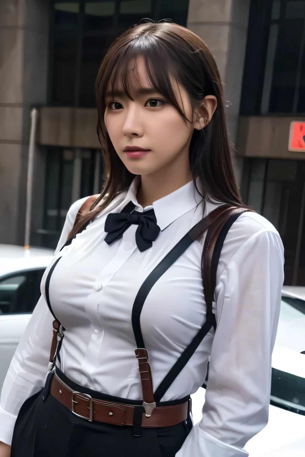 a woman in a suit, belt, hands behind back, sweating, suspenders, black pants, sexly, large breasts, see-through clothing, rain, detective, office worker, white button-up shirt, (best quality,4K,8k,highres,masterpiece:1.2),ultra-detailed,(realistic,photorealistic,photo-realistic:1.37),hyper-detailed,highly detailed face and body, Slender thin suspenders Moderate breasts See-through shirt Nipples holster chain Pistol Armament criminal Female criminal knife