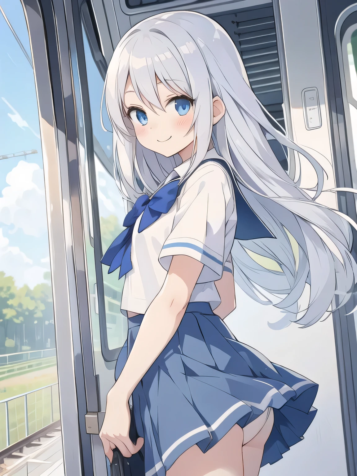 cute girl, anime, silver hair, Blue eyes, feel shy, cute, (young:1.3), side shot, cowboy shot, white school uniform, morning, train, smile, blue skirt, strong wind, 　Low - Angle, Inside the train, (Molester:1.2)