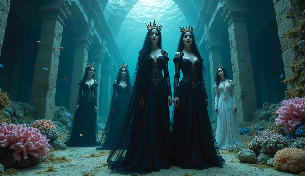 full-body shot,(extra wide angle 16:9 a big ballroom). (2 super realistic 18 y.o. gorgeous European vampire twin queens in front, dressed in a black ripped many layered medieval lace-dresses in many layered riven and flowing with gothic garnish. Hyper-realistic blue sharp eyes 1:1, black long flowing hair with black crowns 1:1 ). In the background are 3 more gorgeous queens with bright blue sharp eyes, light blonde long hair, wearing gold crowns with pink crystals and white and pale pink lace medieval dresses 1:2. All the queens have best perfect hands, five fingers on each hand, small breasts cleavage, (hyper realistic perfect eyes 1:1). Face with Pale perfect detailed skin 1:1. Hyper detailed skin on body 1:1. Their faces have pale colored perfect detailed skin 1:1. They are all floating in a dark deep sea above a((big medieval ballroom very old realistic 1:3) in an old gothic perished palace)) on the bottom of the sea. Night scene with only pale moonlight. On the bottom of the palace floor are pink corals. Sea moss. Bright colored blue, pink, orange, green fishes swimming around. Octopus. Treasure chest with gold coins and jewelry in it. A fantastic scene that uses 3D Surreal 3D model. (((Best eyes))) The entire setup is masterpiece 1:3 framed with the grandeur of medieval gothic style. photographed in a Canon EOS R5, 50mm Lens, F/2.8, (8K)"