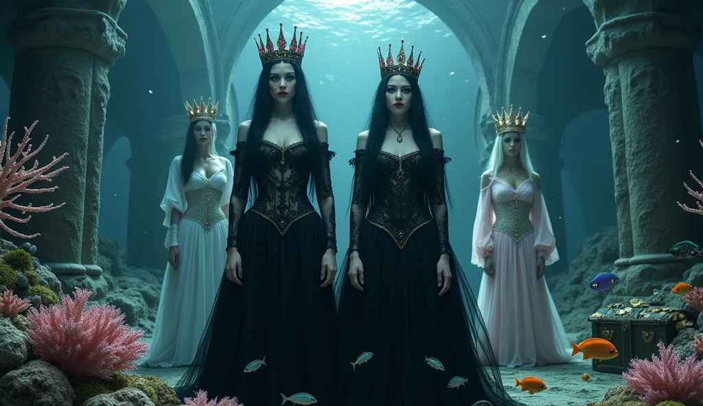 full-body shot,(extra wide angle 16:9 a big ballroom). (uper realistic 18 y.o. gorgeous European vampire twin queens in front, dressed in a black ripped many layered medieval lace-dresses in many layered riven and flowing with gothic garnish. Hyper-realistic blue sharp eyes 1:1, black long flowing hair with black crowns 1:1 ). In the background are 3 more gorgeous queens with bright blue sharp eyes, light blonde long hair, wearing gold crowns with pink crystals and white and pale pink lace medieval dresses 1:2. All the queens have best perfect hands, five fingers on each hand, small breasts cleavage, (hyper realistic perfect eyes 1:1). Face with Pale perfect detailed skin 1:1. Hyper detailed skin on body 1:1. Their faces have pale colored perfect detailed skin 1:1. They are all floating in a dark deep sea above a((big medieval ballroom very old realistic 1:3) in an old gothic perished palace)) on the bottom of the sea. Night scene with only pale moonlight. On the bottom of the palace floor are pink corals. Sea moss. Bright colored blue, pink, orange, green fishes swimming around. Octopus. Treasure chest with gold coins and jewelry in it. A fantastic scene that uses 3D Surreal 3D model. (((Best eyes))) The entire setup is masterpiece 1:3 framed with the grandeur of medieval gothic style. photographed in a Canon EOS R5, 50mm Lens, F/2.8, (8K)"