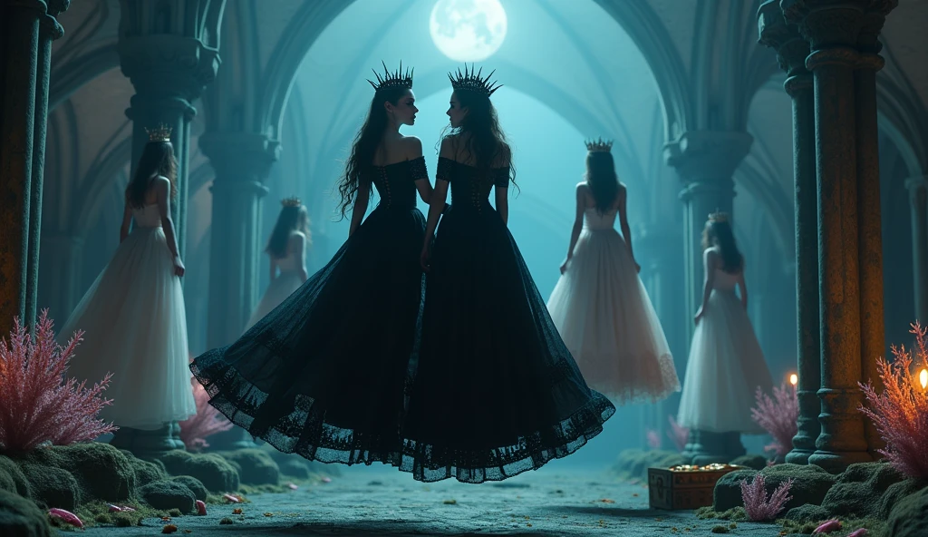 full-body shot,(extra wide angle 16:9 a big ballroom). (2 super realistic 18 y.o. gorgeous European vampire twin queens in front, dressed in a black ripped many layered medieval lace-dresses in many layered riven and flowing with gothic garnish. Hyper-realistic blue sharp eyes 1:1, black long flowing hair with black crowns 1:1 ). In the background are 3 more gorgeous queens with bright blue sharp eyes, light blonde long hair, wearing gold crowns with pink crystals and white and pale pink lace medieval dresses 1:2. All the queens have best perfect hands, five fingers on each hand, small breasts cleavage, (hyper realistic perfect eyes 1:1). Face with Pale perfect detailed skin 1:1. Hyper detailed skin on body 1:1. Their faces have pale colored perfect detailed skin 1:1. They are all floating in a dark deep sea above a((big medieval ballroom very old realistic 1:3) in an old gothic perished palace)) on the bottom of the sea. Night scene with only pale moonlight. On the bottom of the palace floor are pink corals. Sea moss. Bright colored blue, pink, orange, green fishes swimming around. Octopus. Treasure chest with gold coins and jewelry in it. A fantastic scene that uses 3D Surreal 3D model. (((Best eyes))) The entire setup is masterpiece 1:3 framed with the grandeur of medieval gothic style. photographed in a Canon EOS R5, 50mm Lens, F/2.8, (8K)"