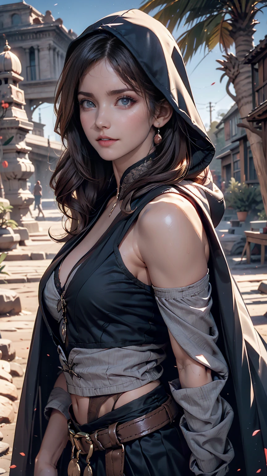 desert,Rocky Plateau and desert, Shrubland,night、2 woman、Attractive Young Woman, (Beautiful Face:1.1), Detailed eyes, Seductive lips, (eye make up:1.2), (Medium chest:1.0), (Toned body:1.2), Cloak with hood