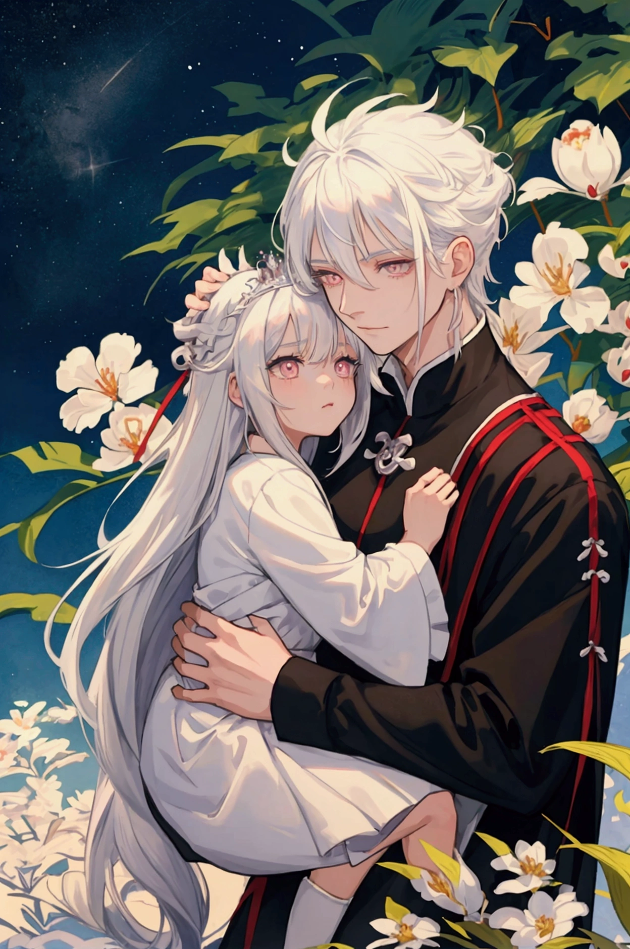(best quality),(king dragon with his daughter),(one men and one ),(the king had white hair and silver eyes),(his daughter had black hair and silver eyes),(they're hugging each other at the landscape),(the king is Seme type),(the princess is cute loli)
