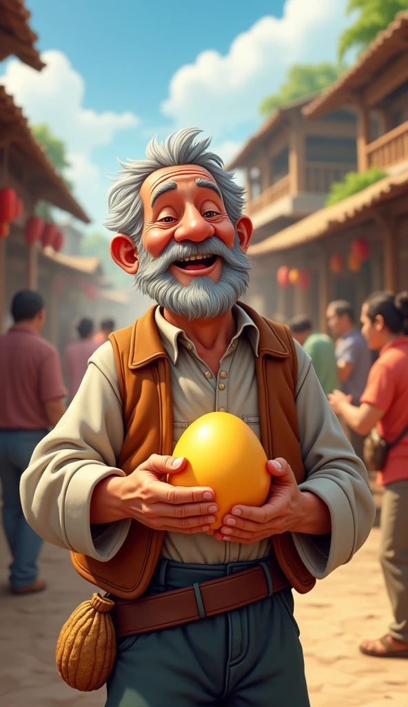 The farmer is an elderly man with a weathered face, grey hair. His hands are rough from years of hard work.
The farmer has a joyful expression as he holds a golden egg in his hands. His clothes are slightly cleaner and newer, showing that he has started to earn money. He has a small bag of coins tied to his belt.
The scene is set at a bustling village market. Stalls are filled with fresh fruits, vegetables, and other goods. The market is lively, with villagers in colourful traditional clothing, trading and buying items. The farmer is standing next to a merchant’s stall, exchanging the golden egg for money.

Show as cartoons 
