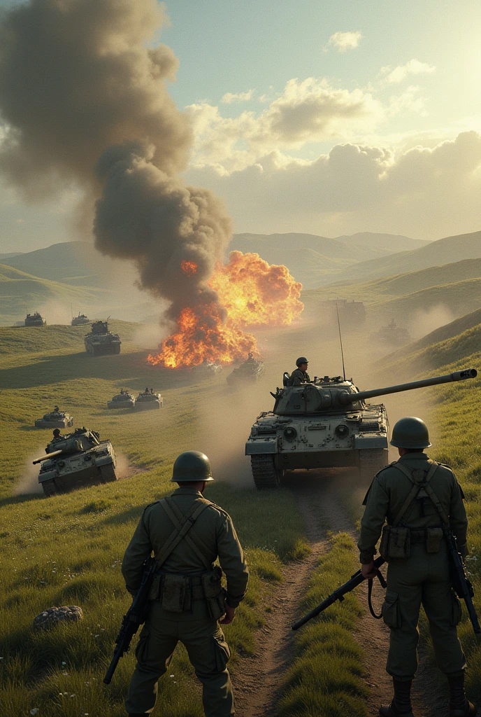 Create me an image of army currently on chaotic battle in England (included england landscape) (semi-open field) in 1970 without dirty road