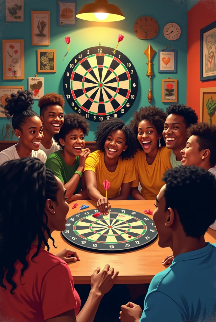african american university students playing darts cheering. Image must be art style.