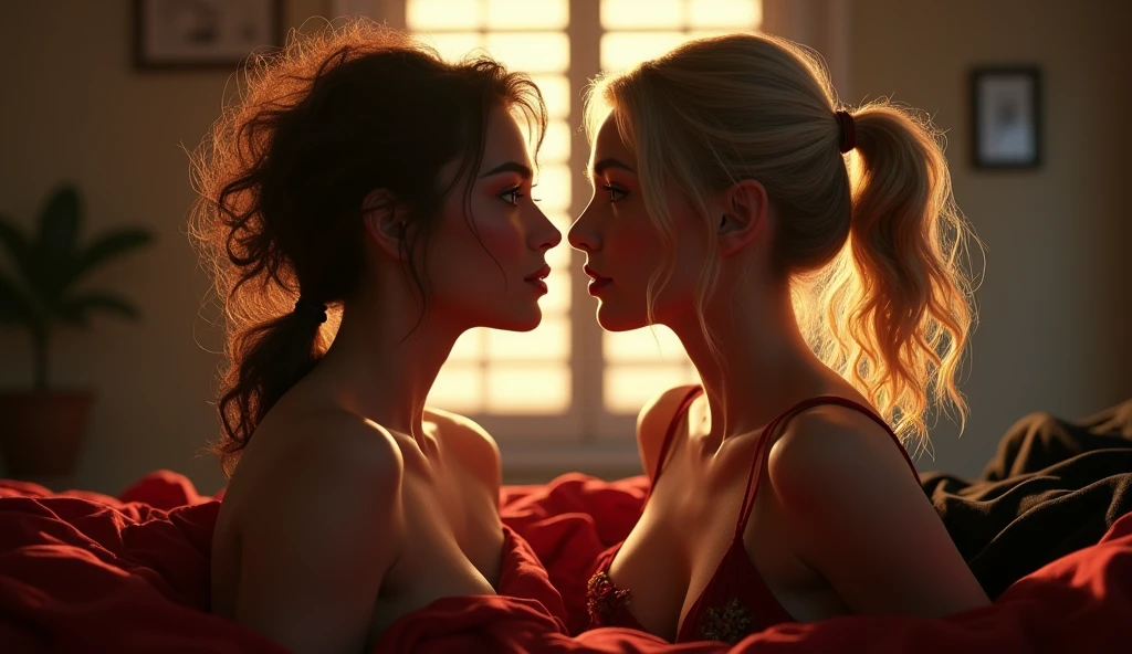 16K HD high quality image, photo realistic, ultra detailed. Very close-up, deux femmes. Sabrina Ouazani, 1.60m, short cut brown hair, Frisée, ébouriffée avec mèche tombant sur le visage, les yeux vert éclatant regard malicieux, chest cleavage. Adele Exarchopoulos, big 1.75m, bionde, blue eyes, regard coquin cheveux long attaché queue de cheval haute, falling on her breasts, chest cleavage en v. elles sont assise agenouiller, se regardant l'une l'autre. Room , lit, red and black crumpled sheet and duvet. profondeur champs, blurred background with light. rayon de lumière du soleil couchant, passing through a slatted shutter, giving a sieve effect and reflecting on the faces, hair,
