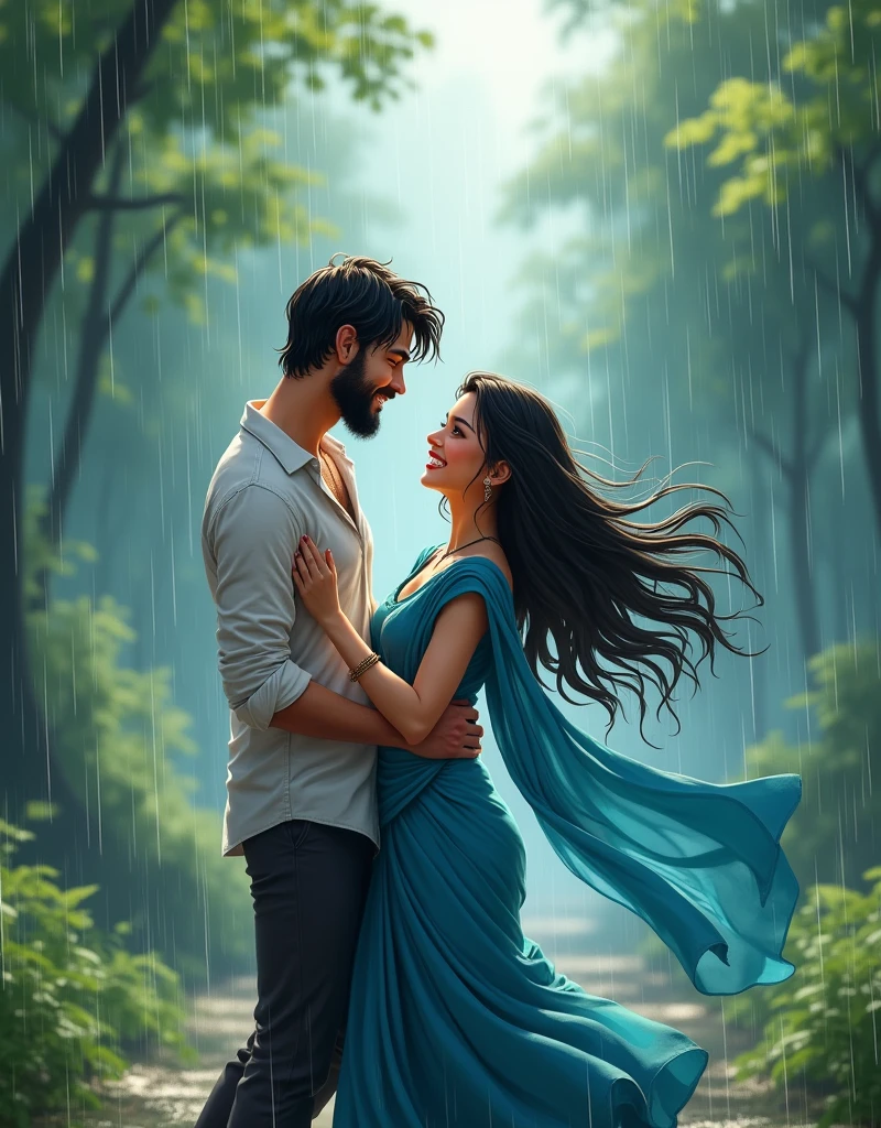 CREATE A ANIME STYLE LANDSCAPE IMAGE. Anime, Romantic, anime style featuring a anime couple dancing in the rain. The layout is centered, with the anime couple as the focal point. The man has a beard and wet, shoulder-length hair, wearing a white, soaked shirt and dark pants. The woman has long, wet hair and is dressed in a flowing, blue sari that billows with the movement. Both have light to medium skin tones and are smiling joyfully at each other. The background is blurred, with lush greenery and heavy rain creating a dreamy, intimate atmosphere. The overall mood is passionate and celebratory, capturing a moment of pure joy and connection.