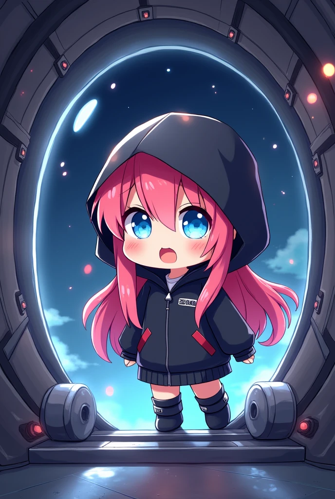 Chibi,cute,간단한 ship경,1 woman, alone, long_hair, looking for_~to_viewer, open_mouth, Red_eye, long_Sleeve, jacket, saturated_body, pink_long hair, Boots, Hood, Chibi, Black color_footwear, Black color_jacket, blue_eye, coloRed_skin, Hooded_jacket, Cloak, Abyss_ship, performance, Hood_consolation, White_skin