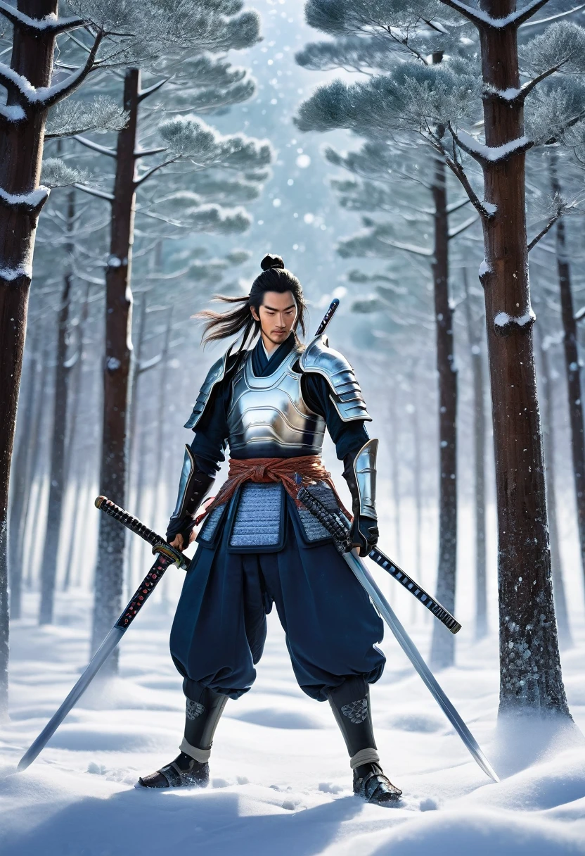 「Under the cold winter sky of January、As the strong wind rages、Snowflakes flutter。Standing on the silvery white land、A samurai with an overwhelming presence。His armor is covered with frost、Shining as if reflecting the moonlight。Long hair dancing in the wind、Staring ahead with sharp eyes。Behind it are rows of snow-covered pine trees.、It further accentuates his strength and aura of solitude.。His sword was slightly removed from its sheath、The blade is as cold and sharp as ice。In a powerful pose、It depicts them preparing for battle.。There's a general feeling of cold and silence.、Emphasizing the traditional Japanese atmosphere、The dignified and powerful figure of a samurai。」