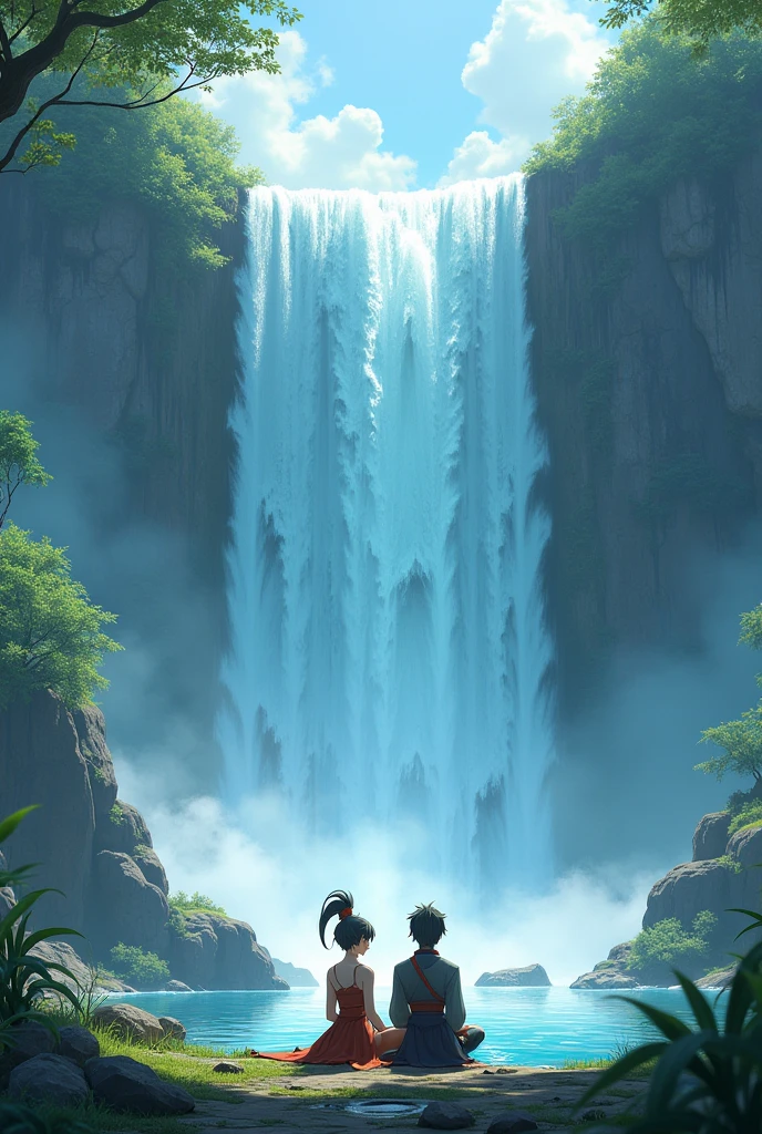 Make an image that has Yelan and Navia from Genshin Impact sitting in front of a very beautiful and bright waterfall.