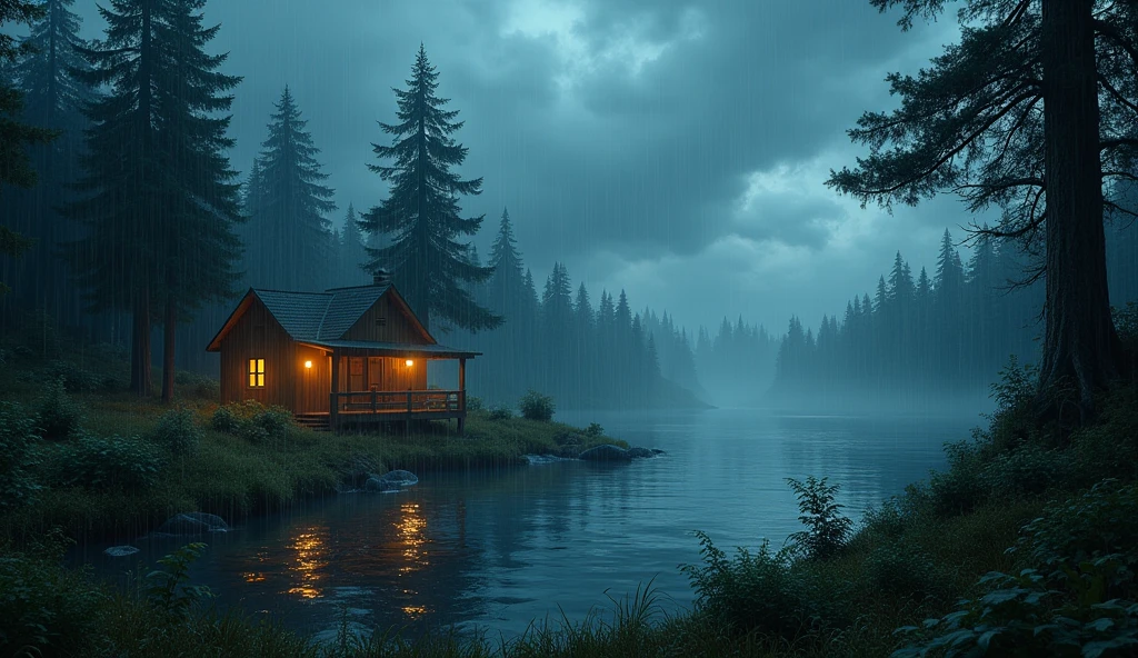 storm in the forest, a cabin with lit windows, a small lake in front of the cabin, and vegetation wet from the rain, the leaves of the trees swaying from the rain, cloudy sky