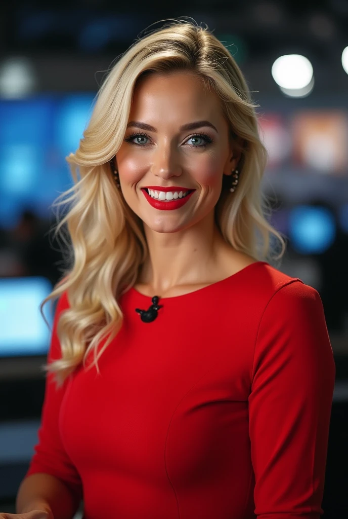 A beutiful blonde Australian news anchor with red lipstick , wearing a red dress in a news room presenting the news, low quality, realistic