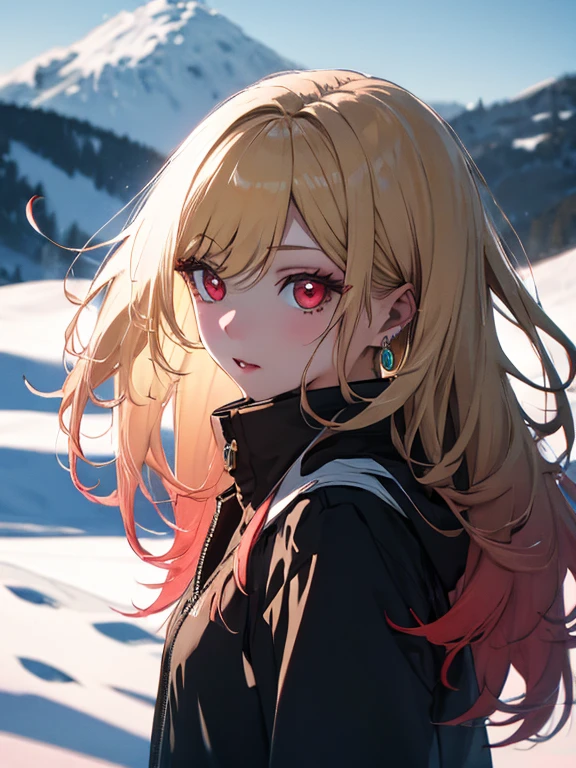 skier, Snow Scenery, Kitagawa Marine, The background is snowy mountains, skier, One girl, Blonde Hair, Long Hair, Multicolored Hair, Red eyes, jewelry, Earrings, Earrings, Black choker, uhd, retina, masterpiece, ccurate, anatomically correct, textured skin, super detail, high details, high quality, best quality, highres, 4K