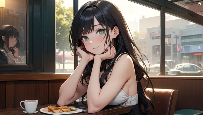 Art piece, masterpiece, anime girls, at a diner, artistic, highly detailed, high quality, 4K resolution, sitting at a diner booth, happy expression, extremely detailed art, rain outside of the large windows, peaceful scene, serene, anime style, zoomed out showing one whole side of the diner, black hair with volume, beautiful face, cute sundress, sexy, mature body, city life, perfect body and face, slight smile, beautiful green eyes, breakfast, correct anatomy, posing sexually, highly detailed face, detailed features, talking, beautiful, sexy, cute