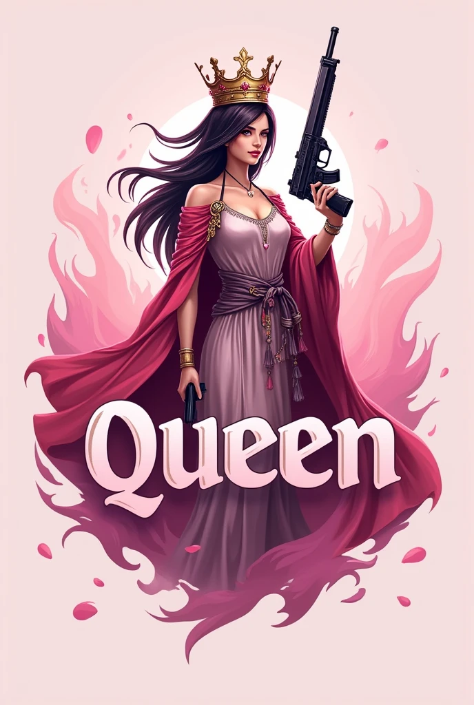 Create a PUBG Mobile gamer logo for a player named "QUEEN." The design should feature "QUEEN" in a bold, sweet font. Include an illustration of a queen with a crown on her head, holding a gun in both hands. Focus on a pink color scheme, and ensure that the queen's clothing is modest, with her cleavage fully covered. The overall style should convey elegance, power, and femininity, suitable for a skilled and strong female gamer.