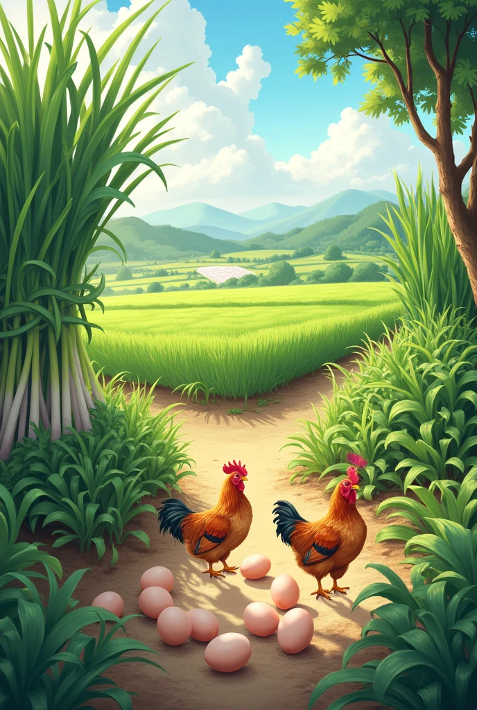 A farm with chicken laying egg and onion plant with black pepper plant and rice plant chicken egg
And salt field