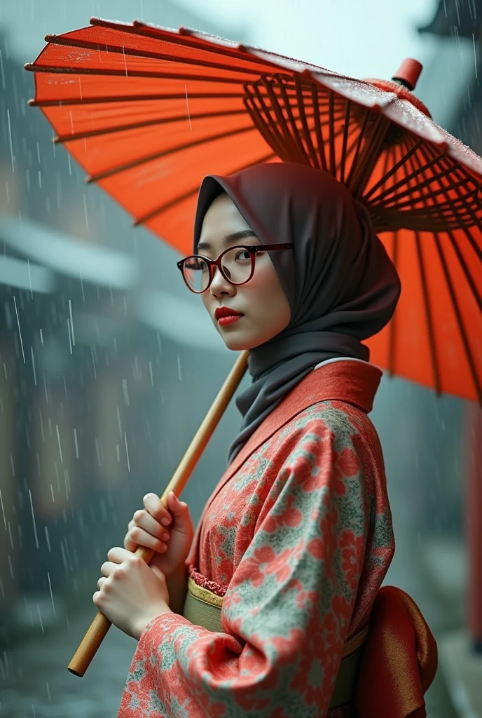 malay hijab and glasses,wearing kimono,hold wood umbrella,rainning,